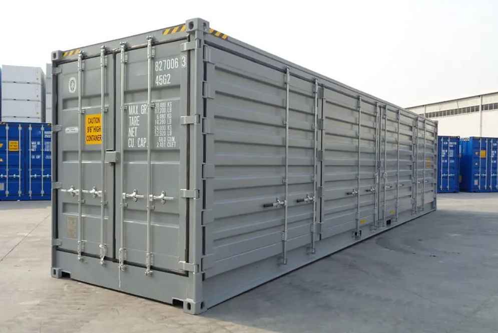 Contenedor marítimo High Cube de 40 pies Open Side (puertas laterales) – acceso lateral completo para uso industrial