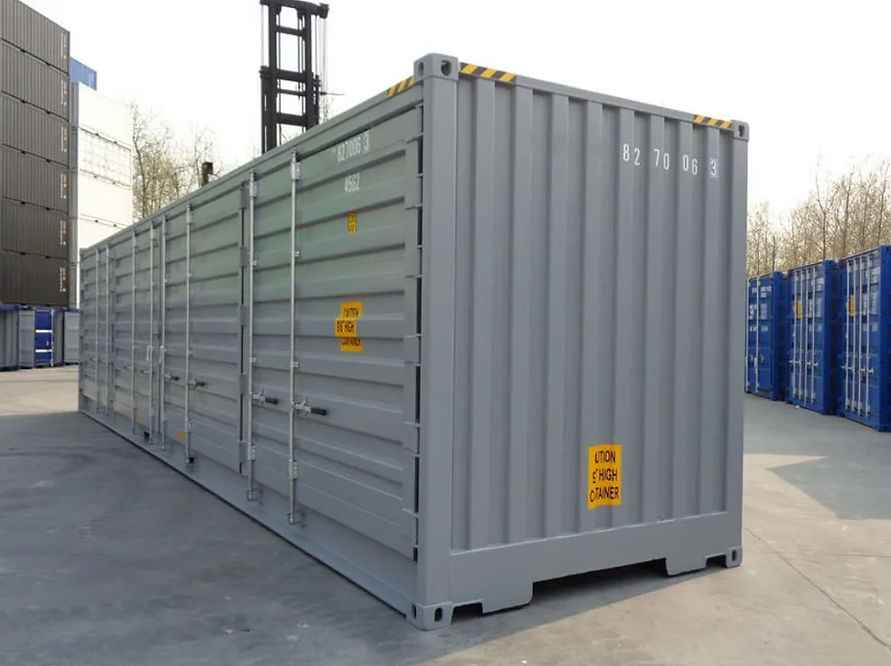 Contenedor marítimo High Cube de 40 pies Open Side (puertas laterales) – acceso lateral completo para uso industrial