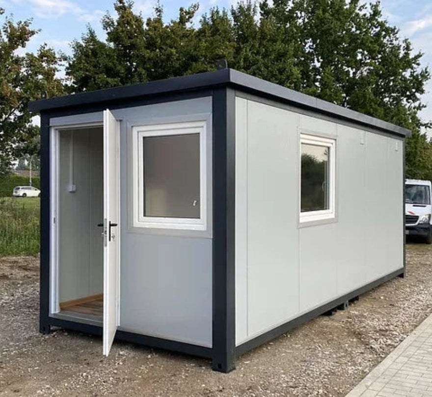 Contenedor oficina 6,00 x 2,40 con WC, ducha y cocina – módulo prefabricado habitable para obra y uso profesional
