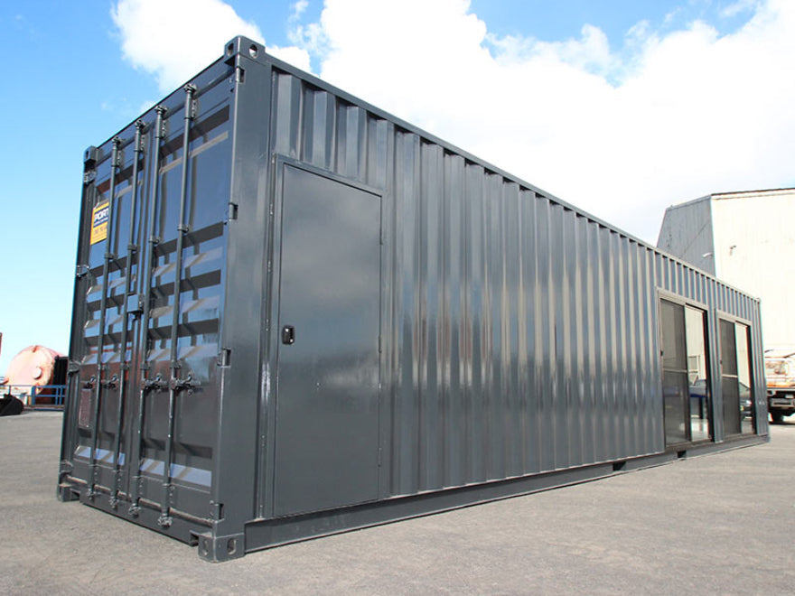 Oficina de contenedores de 40 pies equipada – módulo prefabricado con climatización, baño y espacio de trabajo